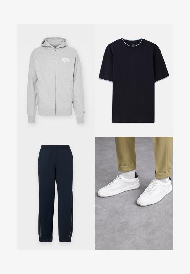 Sweat à capuche gris zippé en matériau doux. Doté d'une capuche, de bords côtelés et d'un imprime logo sur la poitrine gauche. Design simple et décontracté.; T-shirt à manches courtes bleu foncé avec un col rond, présentant un accent bleu clair au niveau du col et des manches. Fabriqué en tissu en coton doux.; Pantalons de survêtement bleu marine avec une texture douce, des poignets fuselés et des panneaux latéraux en maille. Ceinture élastique pour un confort et un ajustement décontracté.; Baskets blanches avec une finition en cuir texturé, bout arrondi et accent noir au talon. Semelle en caoutchouc avec un petit motif de sculpture et des détails cousus.