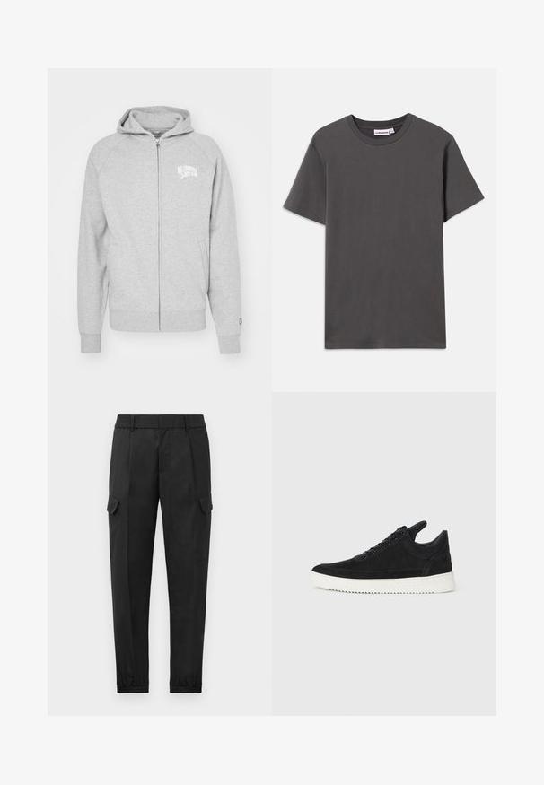 Pilkas zip-up džemperis, pagamintas iš minkštos medžiagos. Yra su kapišonu, guma apdirbtais rankogaliais ir logo spauda kairėje krūtinės pusėje. Paprastas, kasdieniškas dizainas.; Tamsiai pilkas trumpomis rankovėmis apvalaus kaklo marškinėliai su mažu baltu prekių ženklu vidinėje apykaklės pusėje, ant balto fono.; Juodi krovinių tipo džinsai su elastinga juosta, siaurėjantis kelnių siluetas, šoniniai kišeniai ir viena krovinių kišenė ant kairio šlaunies. Lygi tekstūra.; Juodų suede sportbačių su balta gumine padu, su toniniais siuvinėjimais ir raištelių užsegimu. Sklandus paviršius su šiuolaikine, laiko forma.