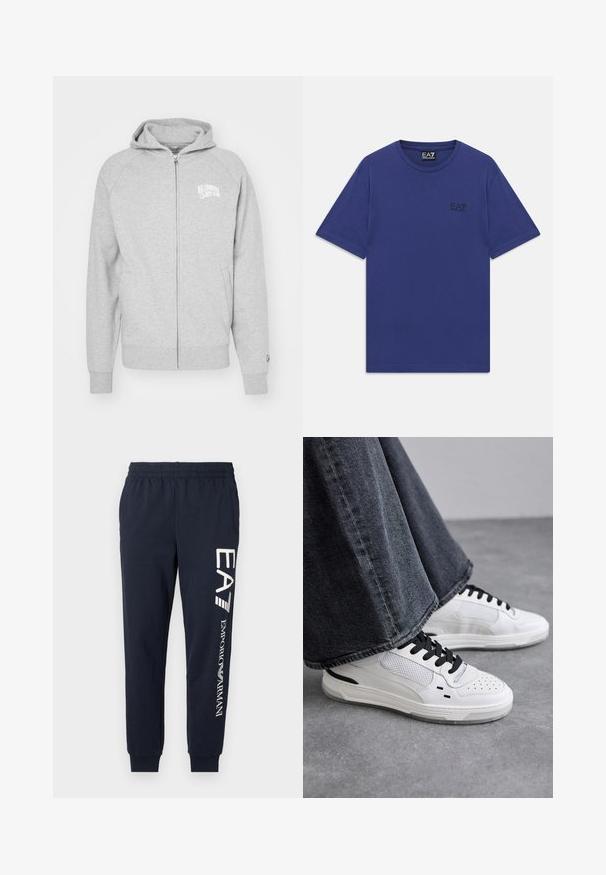 Šedá zipová mikina vyrobená z měkkého materiálu. Obsahuje kapuci, žebrované manžety a potisk loga na levé straně hrudníku. Jednoduchý, ležérní design.; Jednoduché modré tričko s krátkým rukávem a kulatým výstřihem, se malým černým logem EA7 Emporio Armani na levé části hrudi.; Tmavě modré bavlněné teplákové kalhoty s elastickým pasem, zúženými nohavicemi a kontrastními bílými logy EA7 a Emporio Armani potištěnými po straně.; Bílé tenisky s černými tkaničkami a síťovinou. Mají hladký kožený svršek a texturovanou gumovou podrážku. Doplňují je široké šedé džíny.