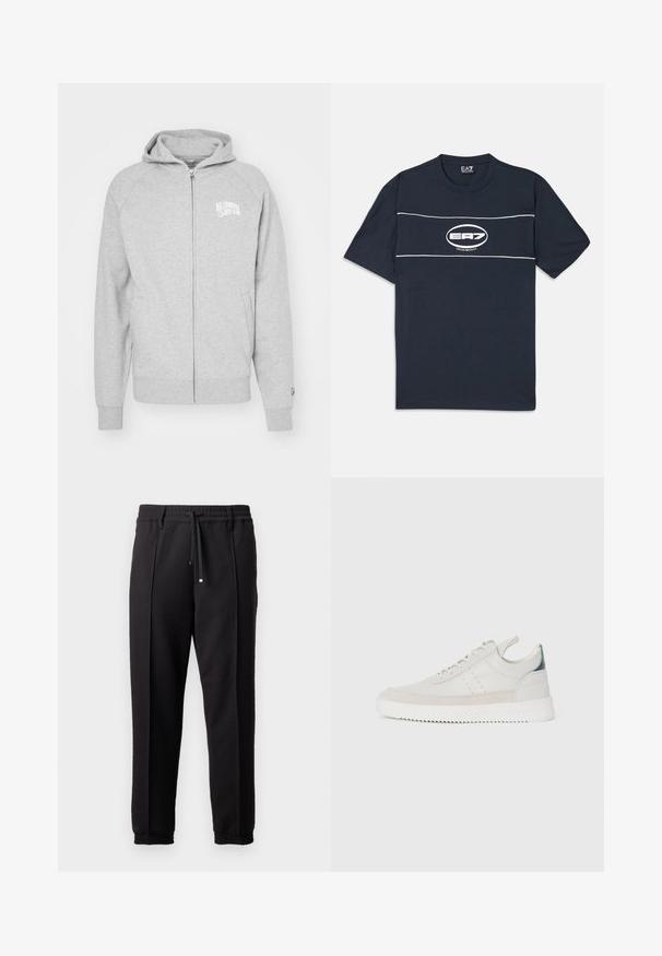Szürke, cipzáros kapucnis pulóver, puha anyagból készült. Kapucnival, bordázott mandzsettákkal és logónyomattal rendelkezik a bal mellen. Egyszerű, laza dizájn.; Sötétkék pamut póló rövid ujjal, fehér logóval és csíkkal a mellkason. Kerek nyakú, laza szabású.; Fekete nadrág derékpánttal, húzózsinórral és rugalmas mandzsettákkal. Jellemző rá a pliszírozás és a sima, textúrált anyag.; Fehér bőr sportcipők szürke bársonyos részletekkel, fűzős kivitelben, hátul húzófüllel és texturált gumi talppal, amelyen zikk-zakk minta található.