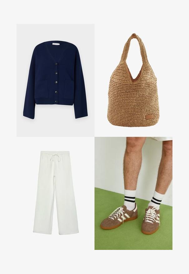 Temno modri pleteni cardigan z V-izrezom, šestimi črnimi gumbi in dvema sprednjima žepoma. Ima prevelike rokave in krajši kroj.; Bela prevleka za blazine z gladko, mehko teksturo, kvadratne oblike in čistimi robovi, zasnovana za standardne velikosti blazin.; Bele široke hlače iz mehkega blaga. Imajo elastičen pas s vrvico in gladko teksturo. Brez vidnih vzorcev ali kovinskih delov.; Rjavi semiš športni čevlji z belimi detajli in vezalkami. Gumijast podplat. Nošeni z belimi nogavicami z črnimi črtami. Zelena teksturirana talna obloga.; Tkanina iz slame v mehkemu slogu, svetlo rjave barve, V-oblikovno odprtino in usnjen dodatek z oznako na dnu. Mehka tekstura.