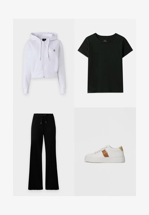 Balta kroptā kapučjakete ar priekšējo rāvējslēdzēju, saites un mazu melnu logotipu uz krūtīm. Gluda auduma un ribotas piedurknes.; Melnā īsās piedurknes T-kreklā, kas izgatavots no kokvilnas. Piedāvā apaļu kakla izgriezumu un augšējiem pleciem iepresētu "Armani Exchange" tekstu. Vienkāršs dizains.; Melnas platās svārku bikses ar sašūtu jostu, sānu iegriezumiem, mīkstu audumu un glītu dizainu.; Baltās zemas tenisa kedas ar bēšu papēža ieliktni, brūnu ādas siksniņu ar zelta sprādzi un A|X zīmolu, un izsistām Armani Exchange zoli.