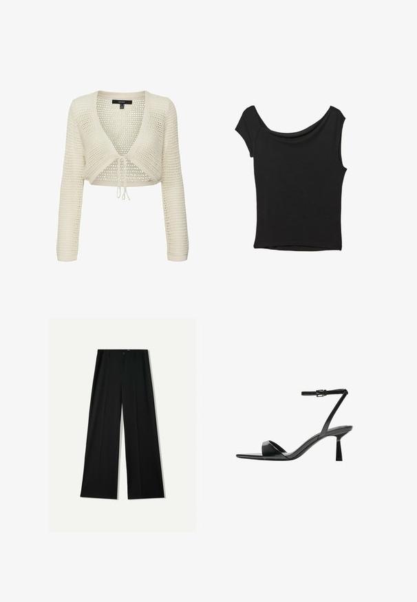 Pull créme coupé avec un design en maille ouverte texturée, encolure en V, manches longues et cordon de serrage à la taille.; Haut noir à manches courtes en tissu lisse ; il présente un col drapé et un ourlet asymétrique, avec un corps ajusté.; Bershka WIDE - Pantalon classique - black; Bershka Sandales à talons hauts - black