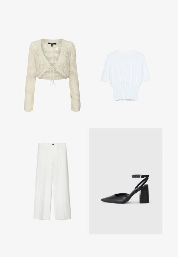 Pull créme coupé avec un design en maille ouverte texturée, encolure en V, manches longues et cordon de serrage à la taille.; T-shirt blanc à manches courtes avec une coupe décontractée et une texture froncée à la taille. Fabriqué en tissu doux et léger.; Pantalons blancs à jambe large avec une texture lisse, dotés d'une fermeture à bouton à l'avant et de passants de ceinture, conçus pour un fit décontracté.; Escarpin noir en cuir à bout pointu avec une bride de cheville et un talon épais. Texture lisse, design élégant et esthétique minimaliste.
