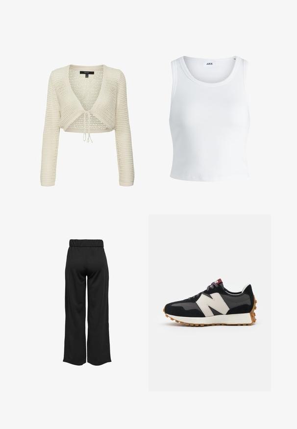 Zkrácený krémový svetr s texturovaným volným pletením, véčkovým výstřihem, dlouhými rukávy a šňůrkovým uzavíráním v pase.; Bílý žebrovaný top na ramínka se kulatým výstřihem, bez rukávů a zkrácenou délkou. Název značky je "JJXX." Hladká struktura látky.; Černé široké kalhoty s elastickým pasem, vyrobené z hladkého materiálu. Disponují čistým designem bez kapes nebo viditelných švů.; Černé a šedé semišové tenisky s velkým krémovým logem "N", fialovými tkaničkami a strukturovanou gumovou podrážkou.