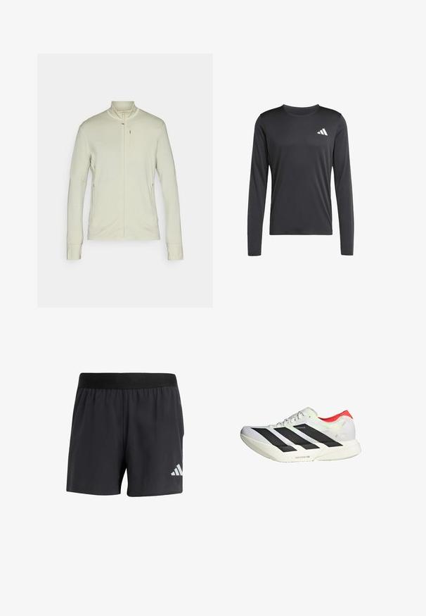 Giacca zip-up color beige chiaro con colletto alto, maniche lunghe e tasche laterali, realizzata in un morbido tessuto texturizzato e caratterizzata da un design minimal.; Maglietta sportiva nera a maniche lunghe realizzata in un tessuto morbido e leggero, con un piccolo logo bianco sulla parte superiore sinistra. Design semplice e aderente.; Pantaloni sportivi neri con elastico in vita, caratterizzati da una superficie liscia e un logo bianco riflettente sul lato sinistro inferiore.; Scarpa atletica bianca con strisce diagonali nere, dettagli rossi sul tallone e una tomaia testurizzata; presenta un'imbottitura LIGHTSTRIKE PRO.