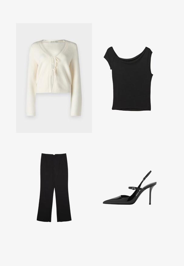 Abercrombie & Fitch Cardigan - jet stream; Black short-sleeve top made of smooth fabric; features a draped neckline and an asymmetrical hemline, with a fitted body.; Black trousers with a straight fit, featuring front pockets and side slits at the hem. Made of soft, smooth fabric. Suitable for various occasions.; Black patent leather slingback high heels with a pointed toe, adjustable strap, and stiletto heel. Smooth surface with shiny finish.