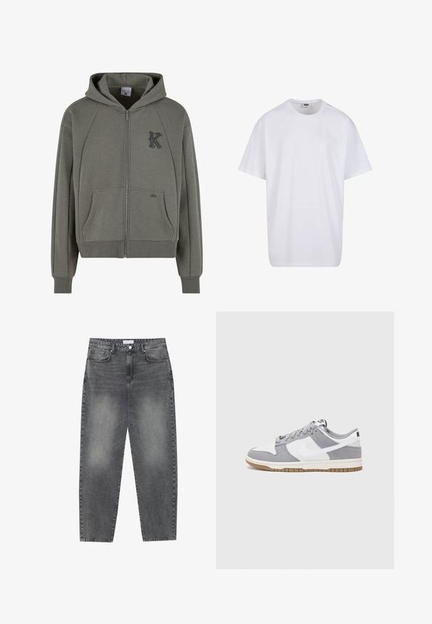 Sudadera con capucha y cremallera en mezcla de algodón de color verde oliva, presenta bolsillos canguro, puños acanalados y un logo texturizado en negro con una "K" en el pecho.; Camiseta blanca de algodón con mangas cortas, cuello redondo, corte relajado y sin logotipos ni patrones visibles. Textura suave y diseño minimalista.; Jeans de cintura alta y corte holgado en denim negro desgastado. Con cinco bolsillos, pasadores para el cinturón y un diseño de pierna recta y limpia.; Zapatilla gris y blanca con parte superior de ante y cuero, puntera redondeada, cordones planos y suela de goma con un acento de goma.