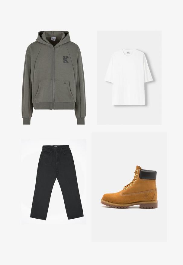 Hooded zip-up sweatshirt in olive green cotton blend, features kangaroo pockets, ribbed cuffs, and a textured black "K" logo on the chest.; White short-sleeved t-shirt made from cotton, featuring a round neckline and a relaxed fit. Smooth texture, with no visible patterns or accents.; Black high-waist straight-leg jeans with front pockets and button closure, laid flat on a white background.; Tan suede ankle boot with black padded collar, gold metal eyelets, white stitching detailing, and rugged rubber sole with pronounced treads.