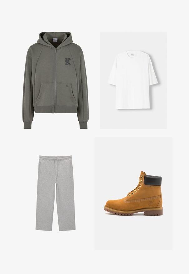 Zöldesbarna pamut keverék kapucnis zipzáras pulóver, kenguru zsebekkel, bordázott mandzsettákkal és egy textured fekete "K" logóval a mellkasán.; Fehér, rövid ujjú pamut póló, kerek nyakkivágással és laza szabással. Simább textúra, látható minták vagy díszítések nélkül.; Szürke pamut loungewear nadrág elasztikus derékkal, zsinórral és két oldalsó zsebbel; egyenes lábú kialakítás, puha textúra, minta nélkül.; Barna velúr bokacipő fekete párnázott gallérral, arany fém fűzőlyukakkal, fehér varrási részletekkel és durva gumitalppal, amelynek kifejezett barázdái vannak.