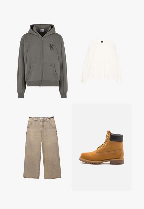 Mikina s kapucí na zip v olivově zelené barvě z bavlněného materiálu, vybavená klokany kapsami, žebrovanými manžetami a texturovaným černým logem "K" na hrudi.; Bílá košile s dlouhým rukávem vyrobená z měkkého materiálu, s širokým kulatým výstřihem a uvolněným střihem. Hladký povrch s žebrovanými manžetami.; PULL&BEAR MEGA BAGGY - Baggy džíny - light grey; Hnědé semišové kotníkové boty s černým polstrovaným límcem, zlatými kovovými očky, bílým prošíváním a odolnou gumovou podrážkou s výraznými drážkami.