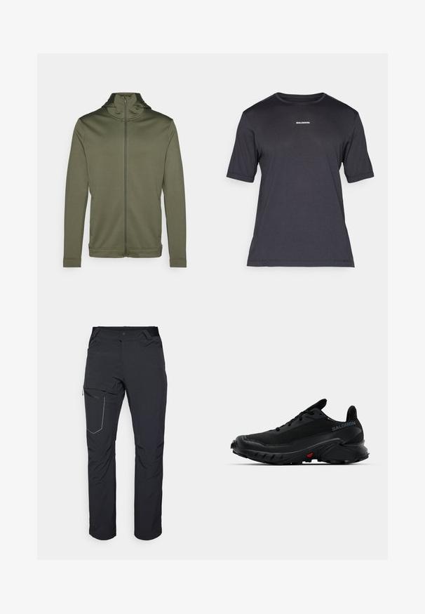 Oliven grønn zip-up jakke med høy krage og hette, laget av glatt stoff, med lange ermer og en tettsittende design.; Svart kortermet prestasjons-T-skjorte laget av pustende materiale, med rund hals og liten hvit "SALOMON" logo på brystet.; Svart utendørsbukser med en glidelåslomme på låret, elastisk midje og glatt, vannavstøtende stoff. Renslig design uten synlige logoer.; Svarte treningssko med strukturert overdel, avrundet tå og fremtredende gummisåle. Har en logo på siden og røde detaljer på sålen.