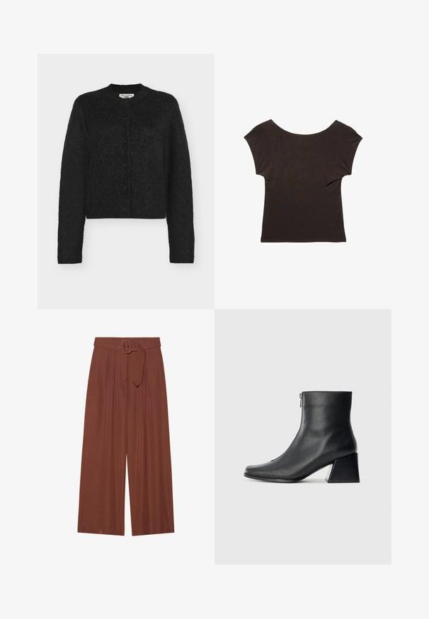 Musta neulottu neule, jossa pitkät hihat, pyöreä pääntie ja viisi nappia kiinnityksessä. Rakenteellinen kangas, lyhyt muotoilu ja pehmeä tuntuma.; Tummanruskea lyhythihainen toppi, jossa on leveä ja pyöreä pääntie. Valmistettu pehmeästä ja sileästä kankaasta, ja se on istuva malli. Ei näkyviä kuvioita eikä koristeita.; Valkoiset housut ruskeasta kankaasta, jossa on vyö neliön muotoisella soljella, laskostettu muotoilu ja sileä pinta.; Mustat nahka nilkkurit, joissa on nelikulmainen kärki, sivuvetoketju ja lohkarekorko, taustalla vaalea yksinkertainen tausta.