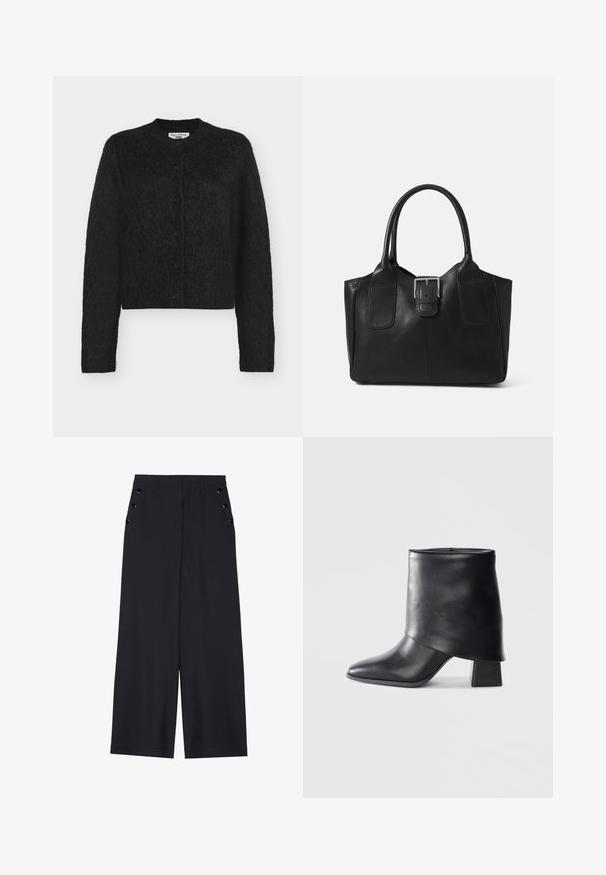 Cardigan negru tricotat cu mâneci lungi, guler rotund și închidere cu cinci nasturi. Material texturat, design cropped și senzație moale.; Top negru cu mânecă lungă, cu mansete evazate, textură moale și croială lejeră, având un guler rotund simplu.; Pantaloni evazați din material bleumarin închis, cu o textură netedă, pliseuri frontale și ochiuri decorative aurii pe buzunarele laterale.; Botine din piele neagră cu vârf ascuțit, textură netedă și toc bloc structurat. Prezintă un design cu manșetă înaltă și pliată.; Geantă tote din piele neagră cu textură netedă, formă structurată, două mânere și un detaliu proeminent din aliaj de argint pe partea din față.