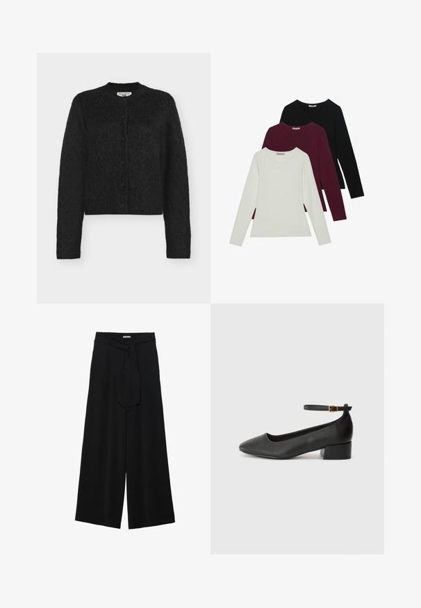 Black knitted cardigan with long sleeves, round neckline, and five button closure. Textured fabric with a cropped design and soft feel.; Long-sleeve t-shirts in white, burgundy, and black. Made of soft fabric with a round neckline and fitted design. Suitable for layering.; Black wide-leg pants featuring a textured fabric, an elastic waistband, and a detachable sash tie at the waist for adjustable fit.; Black leather pump with a pointed toe and a low block heel. Features an ankle strap with a gold-tone buckle. Smooth texture.