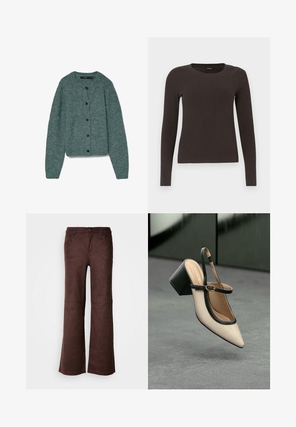 Zielony dziergany kardigan z okrągłym dekoltem, długimi rękawami i pięcioma ciemnymi guzikami z przodu. Miękka tekstura o przytulnym wyglądzie.; Brązowa, dzianinowa bluzka z długim rękawem i okrągłym dekoltem. Wykonana z gładkiego, elastycznego materiału, z dopasowanym krojem i minimalnymi detalami.; Brązowe spodnie w stylu dzwonów, wykonane z miękkiego materiału przypominającego zamsz. Posiadają cztery kieszenie, zapięcie na guzik oraz gładką, teksturowaną powierzchnię.; Beżowe buty typu slingback z ostrym noskiem, czarnym wykończeniem, złotą klamrą i grubym obcasem na szarym podłożu z ciemnozielonym tłem.
