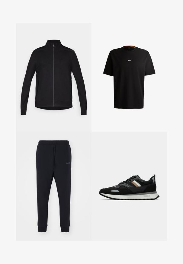 Melnā zipa jakas ar augstu apkakli, ar teksturētu audumu, divām sānu kabatām un izsmalcinātu logo uz krūšu. Piemērota forma, garas piedurknes.; Melnas kokvilnas T-krekls ar apaļu kakla izgriezumu, īsām piedurknēm un baltu "BOSS" logo centrā uz krūšu daļas. Gluda tekstūra, ikdienišķs griezums.; Melnas sporta bikses, izgatavotas no mīksta materiāla ar elastīgu jostasvietu, auklu un sašaurinātām kājām. Iekļauta arī maza emblēma sānos.; Melnas skrienamās kurpes ar teksturētu virsmu, gaiši pelēkiem akcentiem un trim horizontālām svītrām brūnā krāsā. Iespējo baltu polsterētu zoli.