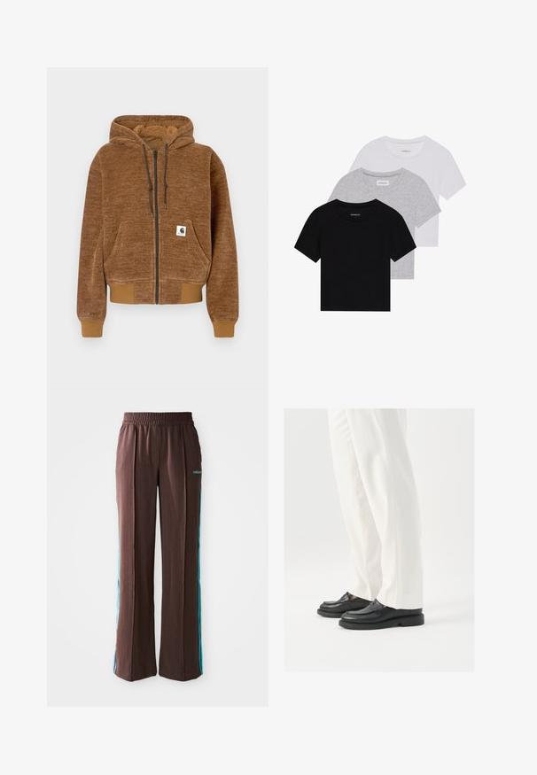 Brun lynlås hættejakke med snørehætte, frontlomme, ribbet ærmer og kant, samt hvid Carhartt mærkeetiket på lommen.; Sæt af tre kortærmede t-shirts i sort, grå og hvid. Fremstillet af bomuld, har en rund hals og et enkelt, ensfarvet design.; Brune træningsbukser med ribbet struktur, elastisk talje og turkise side-striber. Har adidas-logoet foran.; Sorte læder loafers med en glat overflade, syninger og en rund tå, parret med hvide skræddersyede bukser.