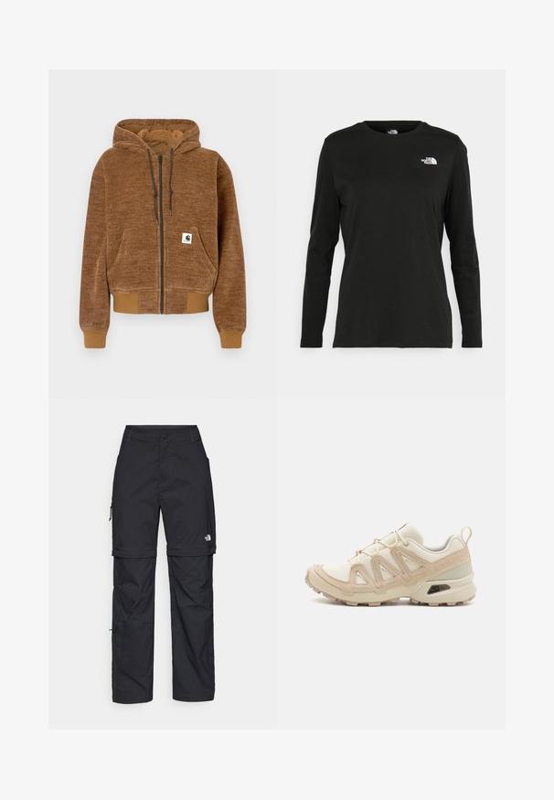 Pruun tõmbluku ja kapuutsi ning stringiga dressipluus, esiosa tasku, soonikuga varrukaotsad ja hem ning valge Carhartti brändi silt taskus.; Must mustahiheline T-särk, millel on pikad varrukad, valmistatud puuvillast ja ümarast kaelusest. Vasakul rinnal on väike valge logo. Lihtne disain ja sobivus.; Mustad nailonist valmistatud eemaldatavad cargo-püksid, reguleeritavate pahkluudega, mitmete taskutega ja paremal jalal logoga. Sile, kerge tekstuur.; Beež ja koobalti spordijalats tekstureeritud võrkkattega, toetavad ülemised kihid ja kummist tallaga, millel on mustriga joonistus haardeks.