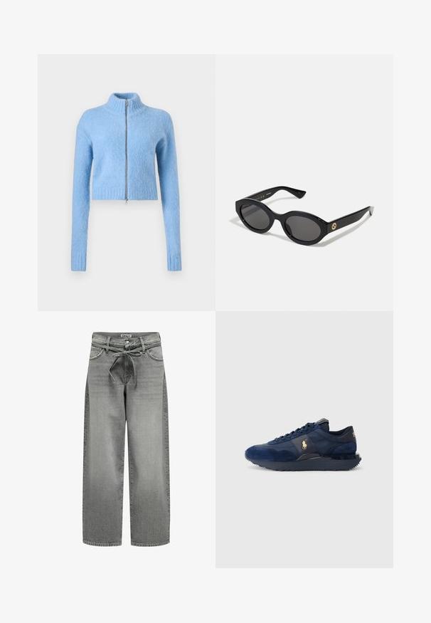 Suéter corto de color azul claro, hecho de un tejido suave y texturizado. Presenta un cuello alto y una cremallera frontal con puños acanalados.; Camisa blanca de botones hecha de algodón suave con un cuello clásico, que presenta un dobladillo recto y botones beige en la parte delantera.; Vaqueros de mezclilla gris de pierna ancha con una cintura ajustable con cordón y bolsillos delanteros. La tela presenta una ligera textura y un acabado desgastado.; Zapatillas deportivas azul marino con materiales de ante y malla, con suela de goma, diseño de cordones y un acento de logo dorado.; Gafas de sol negras en forma ovalada con lentes oscuros y montura de plástico brillante. Presenta un logo dorado en la patilla, ofreciendo un diseño elegante y moderno.