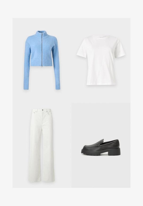 Svijetloplavi, skraćeni pulover od mekanog, teksturiranog materijala. Ima visoki ovratnik i prednji zatvarač s rebrastim manžetama.; Bela bombažna majica s kratkimi rokavi, okroglo izrezana in ohlapnega kroja. Gladka tekstura, brez vzorcev ali dodatkov, minimalističen dizajn.; Samsøe Samsøe SHELLY - Široke kavbojke - clear cream; Črne usnjene loafers čevlje z zaobljenim nosom, debelim teksturiranim podplatom in minimalnimi šivi. Elegantna zasnova brez vidnih vezalk ali kovinskih delov.