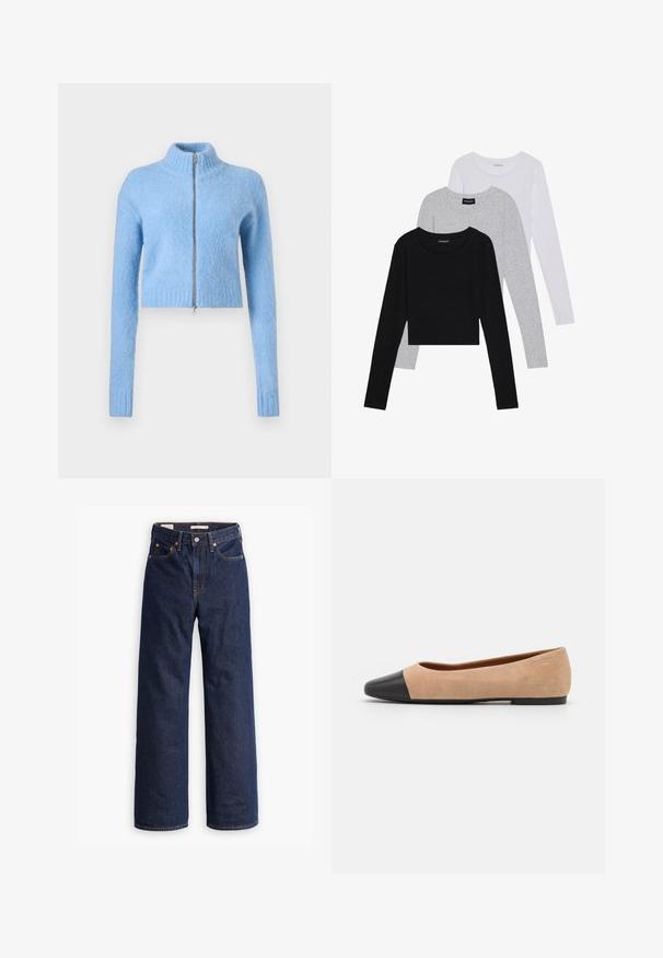 Ljusblå, kort topp tillverkad av mjukt, strukturerat tyg. Har en hög krage och en frontdragkedja med ribbade ärmslut.; Tre långärmade tröjor staplade: svart, grå och vit. Var och en har en rund halsringning och en kort design med mjukt, lätt material.; Mörkblå raka jeans av denim med fem fickor, orange sömnad och knappstängning.; Beige mockasins med rund svart lädertå, låg klack och mjuk yta, med minimal sömnad och en ren design.