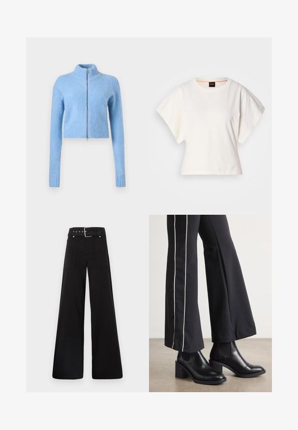 Light blue, cropped sweater made of soft, textured fabric. Features a high collar and a front zipper with ribbed cuffs.; White cropped T-shirt, short wide sleeves, soft cotton material, round neckline with subtle orange trim, minimal design, no patterns or graphics.; Black wide-leg trousers made from cotton, featuring a high waist, large side pockets, and a belted waist with silver hardware accents.; Black leather ankle boots with a block heel, featuring elastic side panels. Paired with black pants that have a white side stripe.