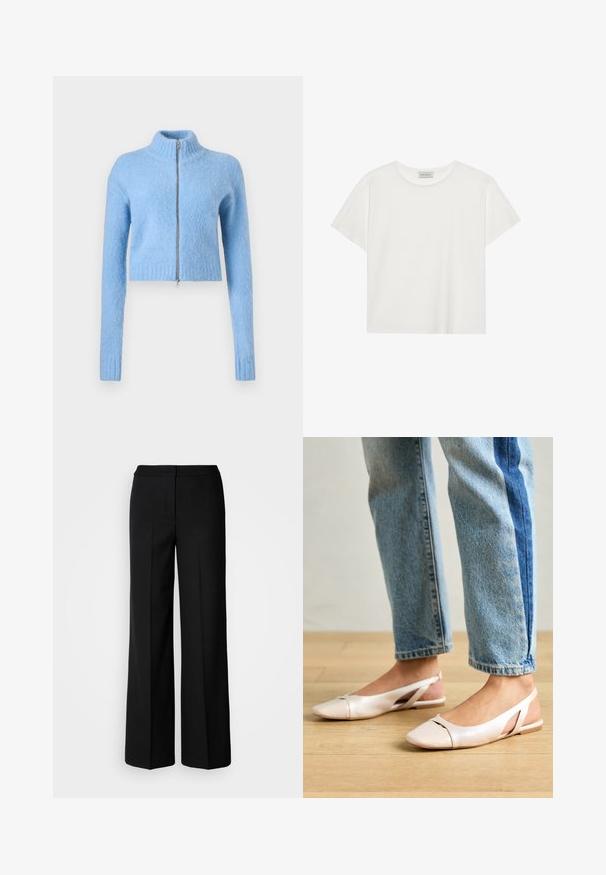 Šviesiai mėlynas, trumpas megztinis, pagamintas iš minkštos, tekstūruotos medžiagos. Jame yra aukštas apykaklė ir priekinis užtrauktukas su grublėtomis rankovėmis.; Balta trumpa rankovė T-marškiniai, pagaminti iš minkštos medvilnės. Charakterizuojami apvali kaklo iškirpte ir laisvu siluetu. Švarus dizainas be matomų raštų ar akcentų.; Juodos plačios kojų kelnės su lygia medžiaga, pasižyminčios aukštu liemeniu, pritaikytais siūlėmis ir minimalistiniu dizainu. Nėra matomų metalo detalių ar kišenių.; Šviesiai rožiniai slingback baleto bateliai su smailiu pirštu, pagaminti iš lygios odai panašios medžiagos. Yra išpjovimų detalės šonuose ir plokščias kulnas.