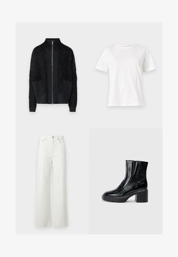 Repeat CARDIGAN - Kardigán - anthra; Biela bavlnená tričko s krátkymi rukávmi, okrúhlym výstrihom a voľným strihom. Hladká textúra, bez vzorov alebo akcentov, minimalistický dizajn.; Samsøe Samsøe SHELLY - Džínsy voľného strihu - clear cream; Čierne lakované členkové topánky s zakrivenou špičkou, elastickými bočnými panelmi a masívnym blokovým opätkom. S embosovaným logom na zadnej strane.