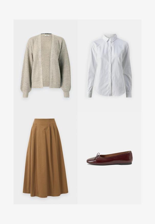 Svijetlo bež pleteni kardigan s otvorenim prednjim dijelom, rebrastom teksturom i balon rukavima. Ima opušteni kroj i blagu rastezljivost.; Bjela košulja na dugih rukava od glatkog pamuka, s klasičnom kragnom i zakrivljenim rubom. Dugmad su mala i bijela.; Smeđa pamučna suknja A kroja s visokim strukom, koja ima nabore sprijeda i glatku teksturu. Završetci donjeg ruba su čisti i jednostavni.; Burgundska lakirana balerinka s zaobljenim vrhom, malim mašnom sprijeda i niskom, crnom gumenom potplatu. Glatka tekstura.