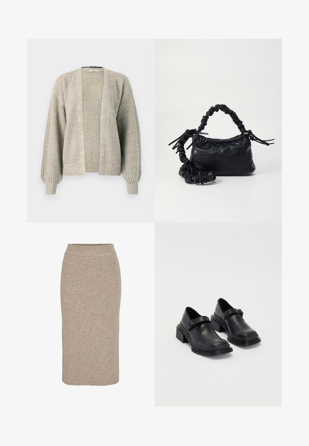 Light beige knitted cardigan with an open front, ribbed texture, and balloon sleeves. Features a relaxed fit and slight stretch.; Crop top in off-white knit material. Long sleeves with ribbed texture and small cut-out details around the neckline.; Knit pencil skirt in light beige, featuring a ribbed texture, high waist, and slim fit. Hem falls below the knee.; Black leather shoes with a rounded toe, flat sole, and a strap with a buckle detail. Chunky block heel for added stability.; Black faux leather handbag with a crocodile texture, cinched top, and a scrunched strap. Appears soft and compact in design.