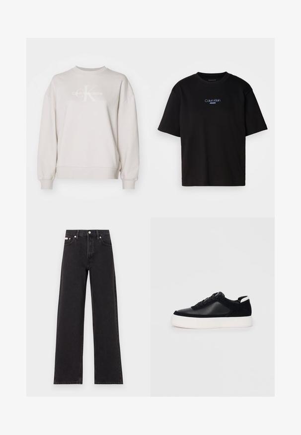 Gai bēšs Calvin Klein Jeans svārku krekls ar apaļu kaklu, kritušām plecu šuvēm un baltu logotipu, kas izdrukāts priekšpusē. Mīksta auduma tekstūra.; Melna kokvilnas T-kreklu ar apaļu kaklu, īsām piedurknēm un zilu izšūtu "Calvin Klein JEANS" logo priekšpusē.; Melni platmalu džinsi, kas izgatavoti no denima, ar augstu vidukli, piecu kabatu dizainu un metāla pogas aizdari ar kontrastējošu šuvumu.; Melnas sporta kurpes ar gludu ādu un zamša paneļiem, plakaniem šņorēm, noapaļotu pirkstu daļu un baltu gumijas zolīti. Izteikts logo uz papēža.