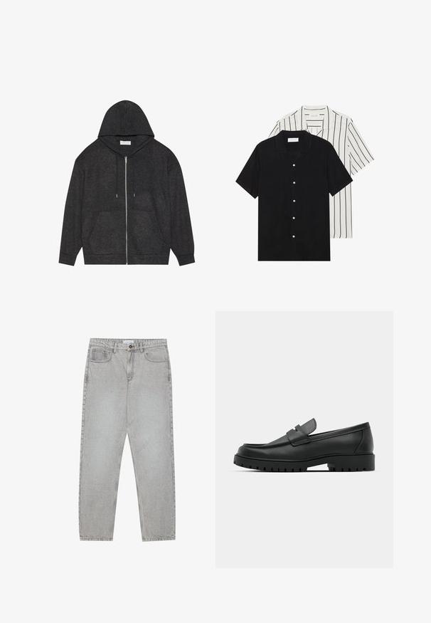 Graphitgrauer Zip-Hoodie mit Kordelzugkapuze, gerippter Struktur und vorderen Taschen. Mit langen Ärmeln und lockerer Passform.; Zwei kurzärmelige Hemden: eines ganz schwarz, das andere weiß mit schwarzen vertikalen Streifen. Beide verfügen über Knopfverschlüsse und einen klassischen Kragen.; Helle graue Jeanshose mit gerade geschnittenem Design, Fünf-Taschen-Stil und Knopfverschluss. Sichtbare Nähte entlang der Seitennähte.; Schwarze Lederloafer mit runder Zehenform, ausgestattet mit einem gesteppten Design, niedrigem Plattformsohle und einer strukturierten, genoppten Gummisohle.