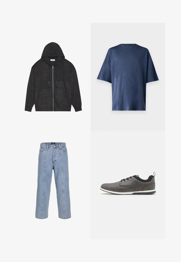 Grafit szürke cipzáras kapucnis pulóver, húzós kötéllel, bordás textúrával és elülső zsebekkel. Hosszú ujjú és laza szabású.; Tengerészkék, rövid ujjú póló, puha anyagból készült, klasszikus kerek nyakkal és laza szabással, látható minták vagy díszítések nélkül.; Világoskék farmernadrág laza fitte, széles szárakkal és látható varrási részletekkel. Gombos és cipzáras záródással, öt zsebével rendelkezik.; Szürke bőr cipők fekete akcentusokkal, kerek orral, fűzős kialakítással, fehér talppal és egy kis húzófüllel a saroknál.