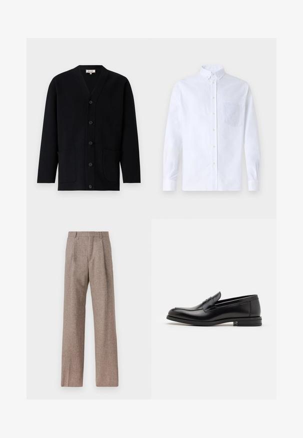 Zwarte cardigan met een V-hals, een knoopsluiting aan de voorkant en twee vo pockets. Gemaakt van textuurstof, met subtiele stikseldetails.; Witte lange mouwen overhemd van katoen, met een borstzak met tonale borduring, een kraag en knopenmanchetten.; Bruine, hooggewaisted broeken van een gestructureerde stof. Heeft wijde benen en twee voorplooien voor extra structuur. Net afgewerkt zonder zichtbare hardware.; Zwarte leren instappers met een gladde textuur, ronde neus en een decoratieve band over de wreef. Lage, gestapelde hak en minimalistisch ontwerp.