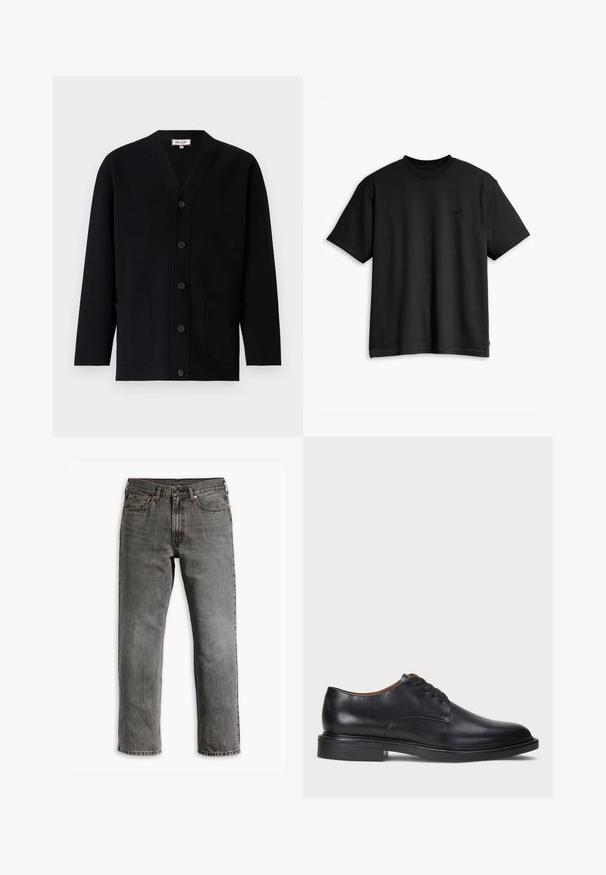 Schwarze Strickjacke mit V-Ausschnitt, vorderem Knopfverschluss und zwei vorderen Taschen. Hergestellt aus strukturiertem Stoff, mit subtilen Nähdetails.; Schwarzes Baumwoll-T-Shirt mit rundem Halsausschnitt und kurzen Ärmeln. Verfügt über ein dezentes Logo auf der Vorderseite und einen geraden Saum. Einfaches und minimalistisches Design.; Graue Denim-Jeans mit geradem Bein, fünf Taschen, und Messingbeschlägen für Verschluss und Akzente. Sichtbare, ausgefranste Textur.; Schwarze Lederdressschuhe mit runder Zehenform, Schnürdesign und niedrigem gestapeltem Absatz. Glatte Textur mit minimalen Nähten.