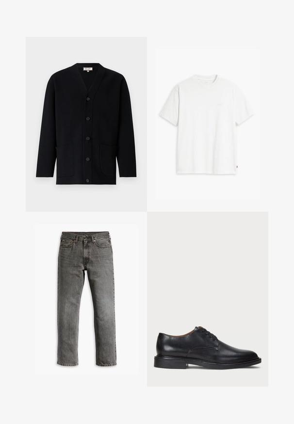 Schwarze Strickjacke mit V-Ausschnitt, vorderem Knopfverschluss und zwei vorderen Taschen. Hergestellt aus strukturiertem Stoff, mit subtilen Nähdetails.; Weißes Baumwoll-T-Shirt mit kurzen Ärmeln, Rundhalsausschnitt und dezentem Levi's-Logo in der Mitte. Weicher Stoff und normale Passform.; Graue Denim-Jeans mit geradem Bein, fünf Taschen, und Messingbeschlägen für Verschluss und Akzente. Sichtbare, ausgefranste Textur.; Schwarze Lederdressschuhe mit runder Zehenform, Schnürdesign und niedrigem gestapeltem Absatz. Glatte Textur mit minimalen Nähten.