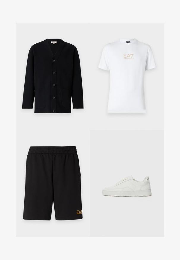 Fekete kardigán V-nyakkal, elöl gombos záródással és két elülső zsebbel. Texturált anyagból készült, diszkrét varrási részletekkel.; Fehér pamut póló, kerek nyakkivágással és rövid ujjakkal, az elején arany EA7 Emporio Armani logóval nyomtatva.; Fekete sportnadrág puha anyagból, rugalmas derékkal és egy kis sárga EA7 logóval a bal alsó lábszáron.; Fehér bőr sportcipő sima felülettel, kerek orral, lapos fűzőkkel és texturált talppal. Finom logó található a sarokon.