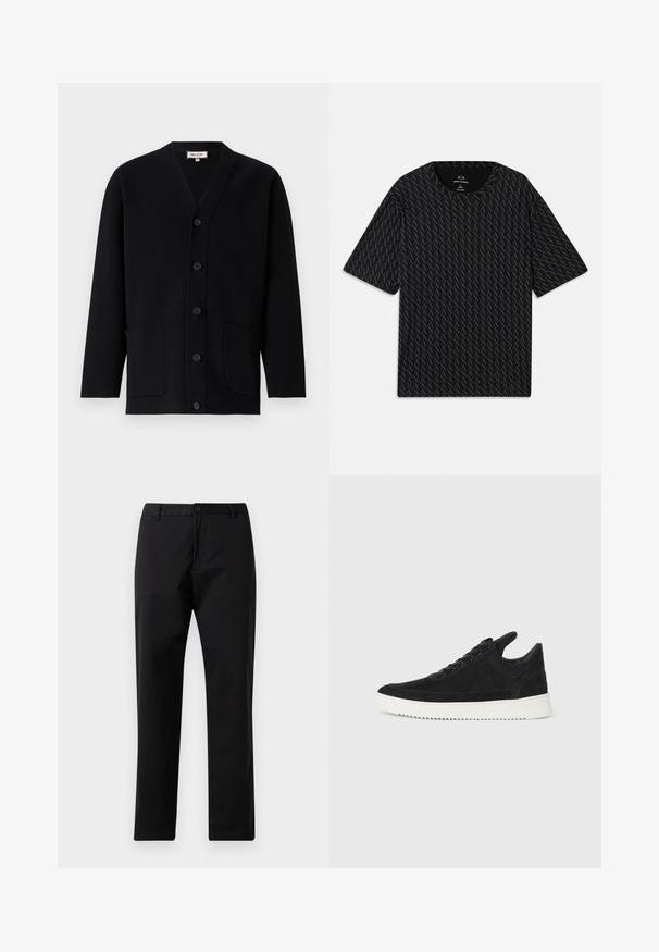 Cardigan noir avec un col en V, fermeture à boutons sur le devant et deux poches avant. Fabriqué en tissu texturé, avec de subtils détails de couture.; T-shirt noir avec un motif texturé de logos 'A' alternés, manches courtes et col rond. Fabriqué en tissu léger.; Pantalons noirs à jambe droite avec fermeture à bouton et zip, passants de ceinture et poches avant, présentés sur un fond blanc.; Baskets en daim noir avec une semelle en caoutchouc blanc, présentant des coutures tonales et un design lacé. Texture lisse avec une forme moderne et épurée.