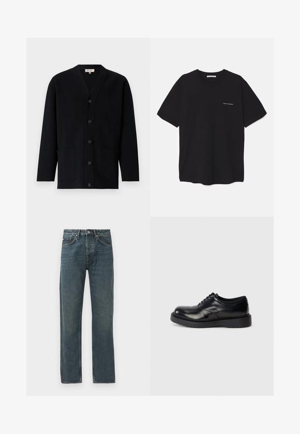 Čierny kardigán s výstrihom do V, predným gombíkovým zapínaním a dvoma prednými vreckami. Vyrobený z textúrovanej látky, so subtílnymi švovými detailmi.; Čierne bavlnené tričko s okrúhlym výstrihom, krátkymi rukávmi a bielou potlačou loga na ľavej hrudi. Jednoduchý, jednoliaty dizajn.; Tmavomodré denimové džínsy so rovnými nohavicami, s piatimi vreckami, zapínaním na gombík a kontrastným prešívaním.; Čierne kožené šnurovacie topánky s okrúhlou špičkou, hladkým povrchom a hrubou gumovou podrážkou s jemnými drážkami pre lepšiu trakciu.