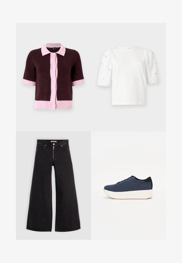 Cárdigan de manga corta en material de punto marrón oscuro, con un collar y una tapeta de botones en rosa claro, y con dobladillo y puños en un rosa contrastante.; Camiseta de algodón blanca con mangas cortas tipo globo, que presenta pequeños adornos plateados en las mangas. Cuello redondo clásico, corte holgado.; Jeans de pierna ancha en denim negro con cierre frontal, diseño de cinco bolsillos y detalles de costura sutiles. Textura suave y estilo casual.; Zapatilla de color azul marino con parte superior de tejido texturizado, suela de plataforma blanca, punta redondeada y acento en el talón negro. Cuenta con seis ojales para los cordones.