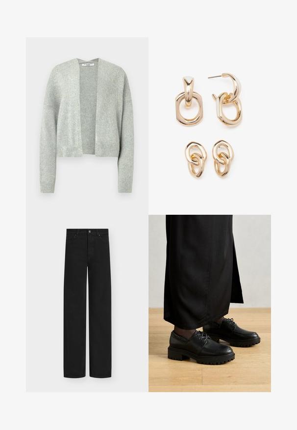Hele halli kootud kardigan avatud ees, langetatud õlgadega ja ribatud varrukatega. Pehme tekstuur koos peene helesinise mustriga.; Valge lühikeste varrukatega T-särk ümmarguse kaelusega, lõdnema sobivusega, valmistatud pehmest puuvillakangasest. Sile tekstuur, ilma mustrite ja logodeta.; Mustad laia säärega teksad, valmistatud denimist, millel on nööpidega sulgumine ja viis taskut. Sile tekstuur ning puhas, minimalistlik disain.; Mustad musta nahast kingad ümmarguse varbaga, paksu kummist tallaga ja paeltega. Kujunduses on dekoratiivne õmblus ülemise osa ümber.; Kuldsete toonidega kõrvarõngad, millel on geomeetriliste kujundite segu: ruut, ring ja ühendatud ovaalsed kujundid, millel on poleeritud viimistlus.