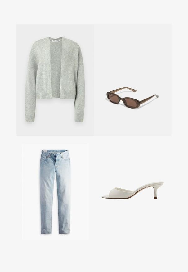 Light gray knitted cardigan with an open front, drop shoulders, and ribbed cuffs. Soft texture with a subtle heather pattern.; White long-sleeve shirt made of ribbed fabric, featuring a round neckline and fitted shape. No patterns or accents are present.; Light blue denim jeans with a straight-leg cut, two front pockets, and two back pockets. Includes two-button fly and subtle stitching.; White open-toed high-heeled mules with a smooth finish, minimalist design, and a slender heel, featuring a subtle brown accent on the sole.; Brown oval sunglasses with dark lenses. Frame has a transparent brown material and features a logo printed on the temples.; White leather handbag with a curved shape, featuring a silver triangular logo and zipper closure. Smooth texture and dual handles.