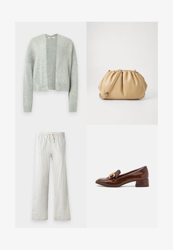 Cardigan di maglia grigio chiaro con apertura frontale, spalle cadenti e polsini a coste. Tessuto morbido con un delicato motivo mélange.; T-shirt a maniche lunghe in cotone bianco da donna con scollatura rotonda, mostrata su uno sfondo bianco semplice.; Pantaloni bianchi con coulisse, caratterizzati da sottili righe verticali blu e una vita elastica, mostrati frontalmente su uno sfondo neutro.; Mocassini in pelle marrone con finitura lucida, caratterizzati da una fibbia dorata decorativa sulla parte anteriore e un tacco basso a blocco. Design classico.; Borsa a tracolla in pelle color cuoio con design plissettato, tracolla regolabile e forma arrotondata. Branding minimalista sulla superficie frontale.