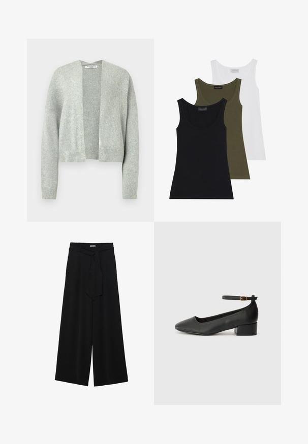 Hellgrauer gestrickter Cardigan mit offenem Vorderteil, überschnittenen Schultern und gerippten Bündchen. Weiche Textur mit einem subtilen Melange-Muster.; Drei Tanktops in Schwarz, Olivgrün und Weiß. Weicher Stoff mit Rundhalsausschnitt, mit einem schlichten Design und ohne Verzierungen.; Schwarze weite Hosen aus strukturiertem Stoff, mit elastischem Bund und einem abnehmbaren Bindegürtel in der Taille für eine verstellbare Passform.; Schwarze Lederpumps mit spitzem Zehenbereich und niedrigem Blockabsatz. Mit einem Knöchelriemen und einer goldfarbenen Schnalle. Glatte Textur.