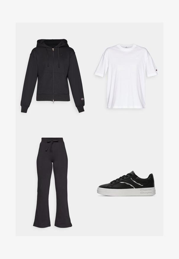 Hanorac negru cu fermoar, confecționat dintr-un material moale, având o buzunar frontal, glugă cu șnururi, manșete ribbate și un mic logo pe partea stângă a pieptului.; Tricou alb din bumbac cu guler rotund, mâneci scurte și un logo mic pe partea stângă a pieptului. Prezintă o croială lejeră și o culoare solidă.; Pantaloni de trening negri, cu croi evazat, confecționați dintr-un material moale, având un elastic cu șnur la talie și o textură netedă. Proiectați pentru confort și ușurință în purtare.; Tenis din piele neagră cu talpă albă, având accente subțiri de argint și design cu șireturi. Textură netedă cu detalii de brand pe toc.