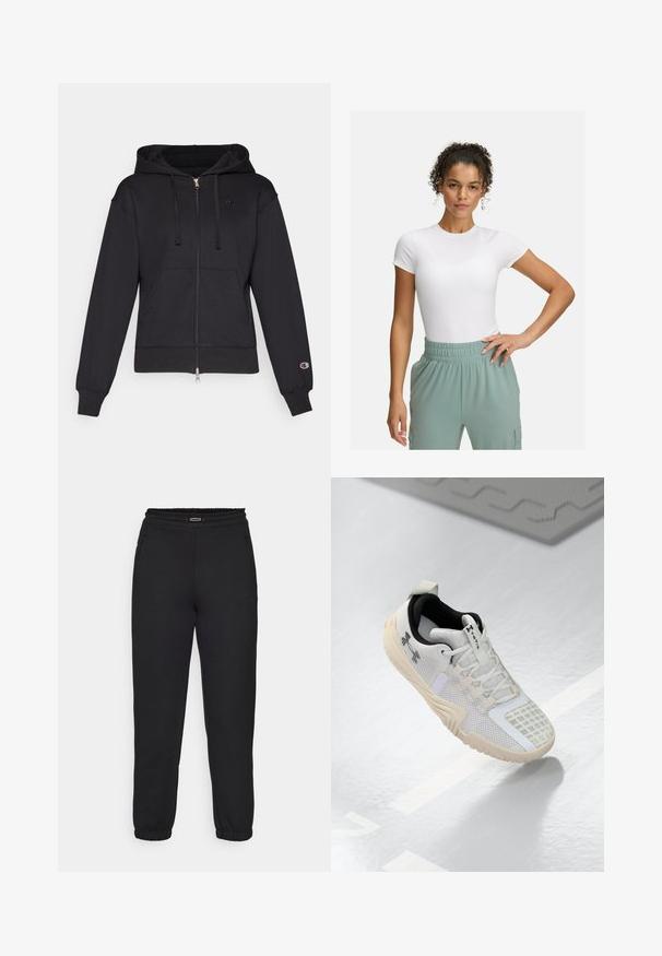 Felpa nera con zip realizzata in morbido tessuto, dotata di una tasca frontale, cappuccio con cordoncino, polsini a costine e un piccolo logo sul lato sinistro del petto.; T-shirt bianca aderente con maniche corte, abbinata a pantaloni con elastico in vita di colore verde chiaro. Texture liscia, design minimalista e nessun motivo visibile.; Champion C-TECH CUFFED PANTS INTERLOCK - Pantaloni sportivi - black; Scarpa sportiva bianca con una tomaia in mesh testurizzato, un interno nero e una suola in gomma beige con una presa a motivo. Accentuata da dettagli sottili.