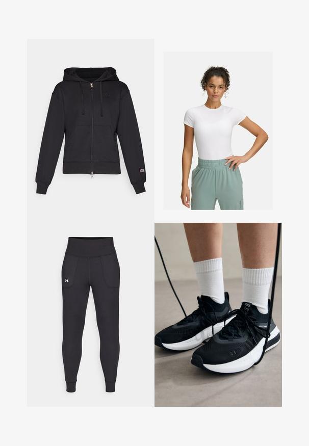 Čierna mikina so zipsom vyrobená z mäkkej tkaniny, s prednou vreckom, kapucňou na šnúrku, rebrovanými manžetami a malým logom na ľavej hrudi.; Biely priliehavý tričko s krátkymi rukávmi, kombinované s nohavicami so svetlozeleným elastickým pásom. Hladká textúra, minimalistický dizajn a žiadne viditeľné vzory.; Čierne športové legíny vyrobené z elastického materiálu, s vysokým pásom, bočnými vreckami a priliehajúcimi manžetami na členkoch.; Čierne športové topánky s textúrovanou tkaninou, bielou podrážkou a čiernymi šnúrkami. Nosené s bielymi rebrovanými ponožkami, postavené na svetlom povrchu.