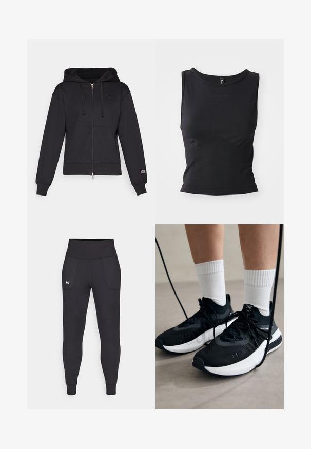 Melnā kapuces džemperis ar rāvējslēdzēju, izgatavots no mīkstas auduma, ar priekšējo kabatu, kapuci ar aukliņu, ribotām piedurknēm un mazu logo kreisajā krūtīs.; Melnā bezpiedurkņu sporta tops, izgatavots no gludas auduma, ar apaļu kakla izgriezumu un pieguļošu siluetu, kuru rotā smalks logotipa elements.; Melnas sporta legingi, kas izgatavoti no stiepjama materiāla, ar augstu jostasvietu, sānu kabatām un pieguļošiem anklets.; Melni sporta apavi ar strukturētu audumu, balta zole un melni šņores. Valkāti ar baltām ribotām zeķēm, stāvot uz gaišas virsmas.