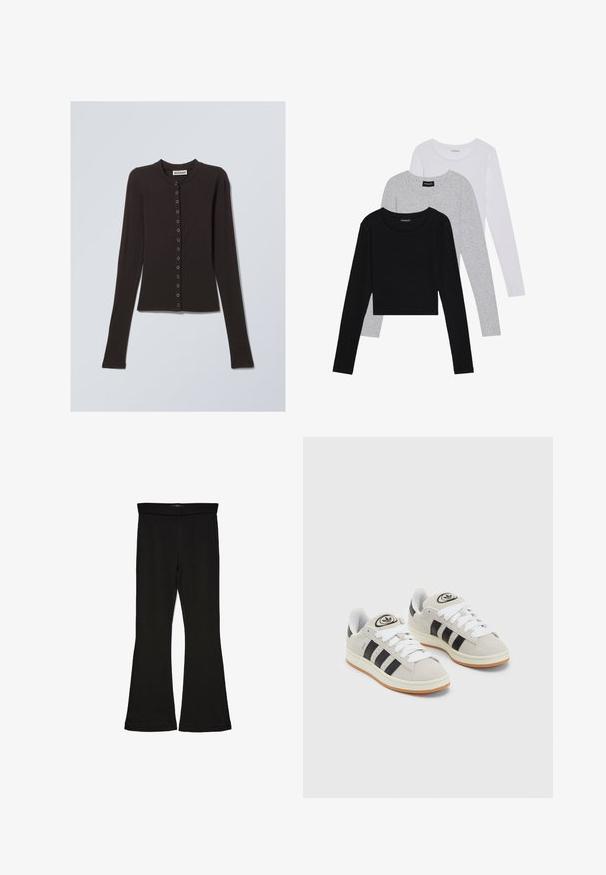 Črn kardigan z dolgimi rokavi iz mehkega materiala, z okroglim izrezom in sprednjim zapiranjem na gumb z metalnimi gumbi.; Tri dolga rokava zložena: črna, siva in bela. Vsaka ima okroglo izreznico in skrajšan dizajn z gladkim, lahkotnim materialom.; Črne flare leggings iz raztegljive tkanine. Imajo širok pas in gladko teksturo, s prilegajočo silhueto, ki se na robu razširi.; Sive športne čevlje iz semiša z belimi vezalkami, črnimi črtami in belim gumijastim podplatom. Imajo okroglo oznako na ježku in podplat iz gume.